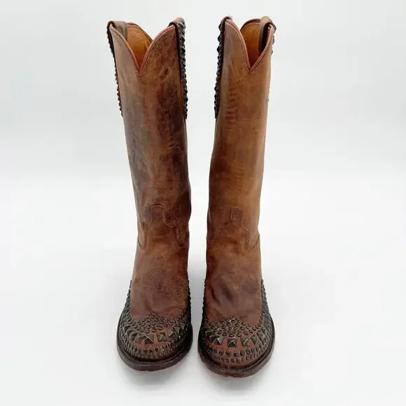 Lucchese Women’s 9 Brown Mad Dog Stud Wingtip Distressed Western Cowgirl Boots - Picture 5 of 12